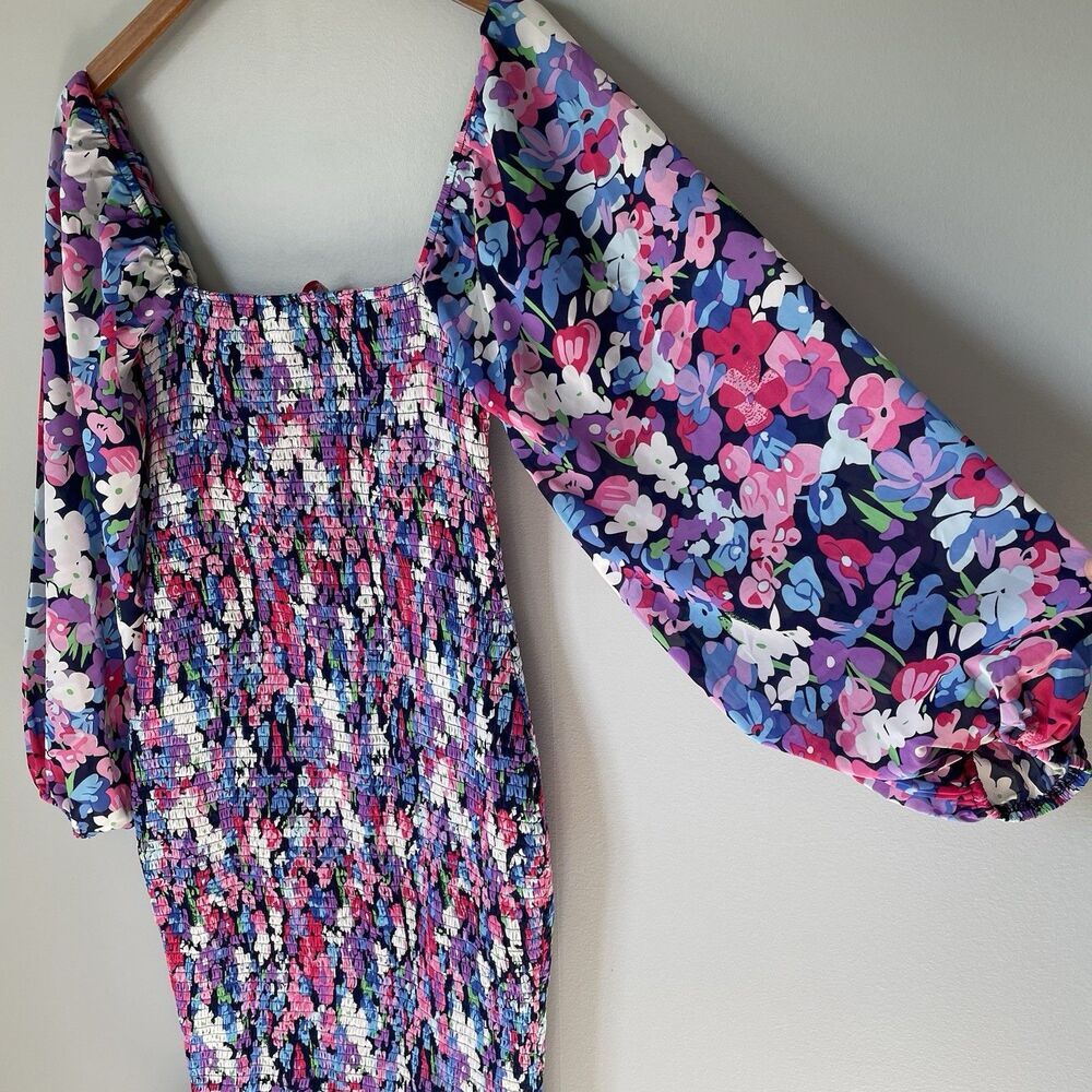 Pink Lily Boutique Floral Print Midi Dress Ruched Bubble Sleeves Size Medium - Picture 6 of 12